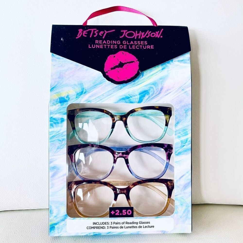 NWT 3 Pack +2.00 Betsey Johnson Premium Cat-Eye Reading Glasses Purple Olive Tan